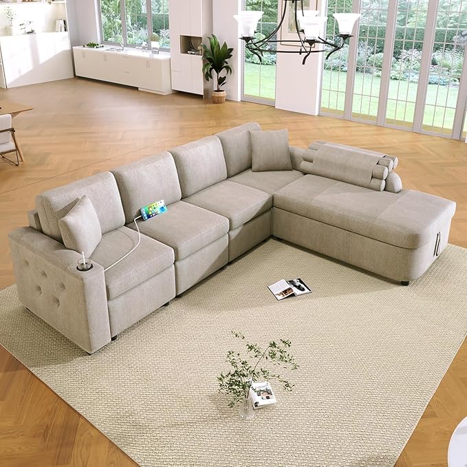 L-Shape Chenille Upholstered Sofa with 5 Pillows, Modern Luxury Sofa
