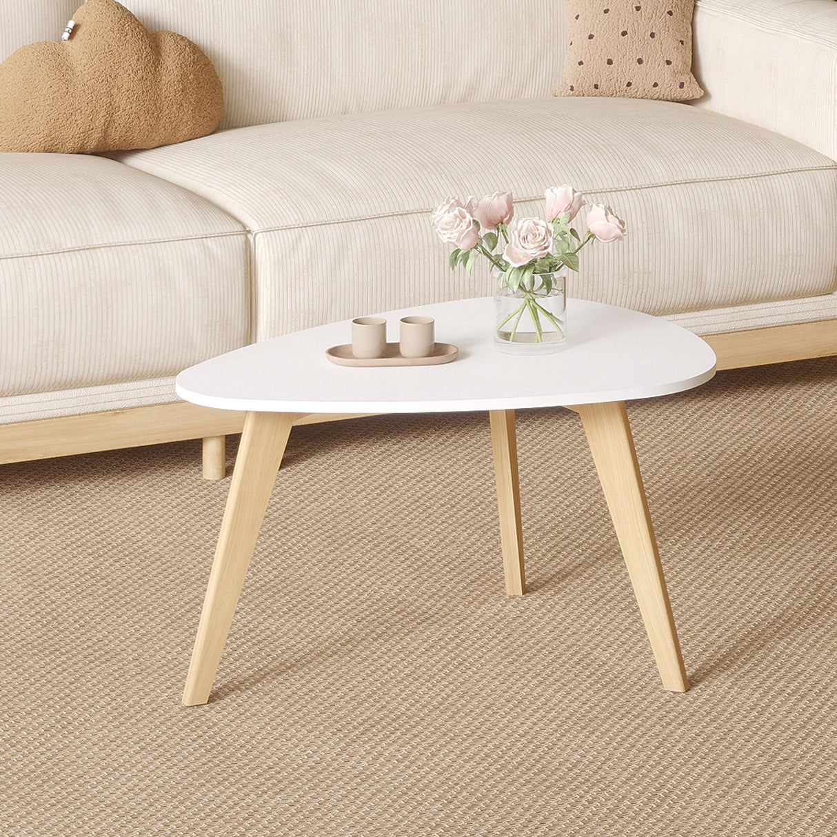 Small Oval Coffee Table,31.5" White Leaf-Shaped Center Table