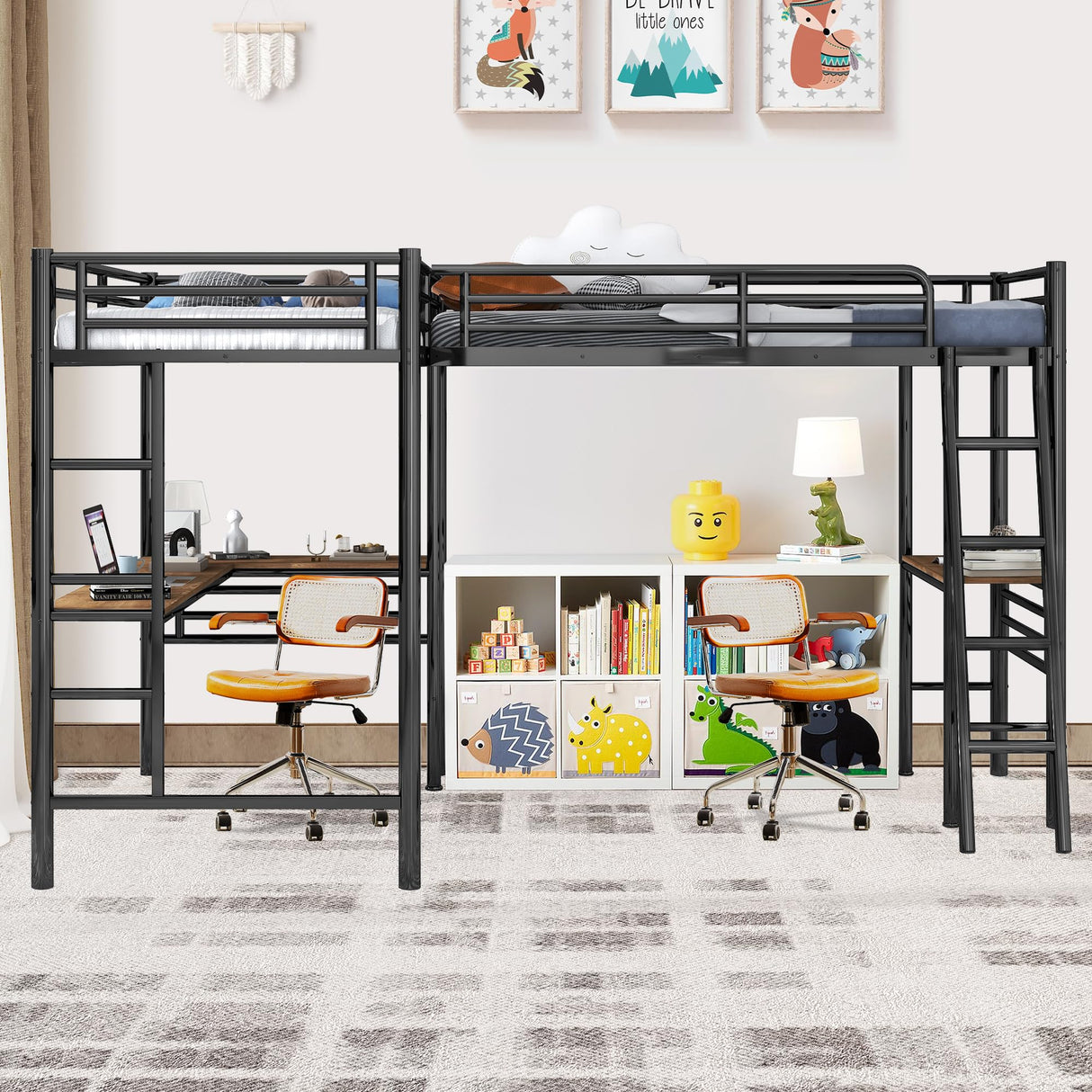 Twin Size L-Shaped Loft Bed with 2 Built-in Desks