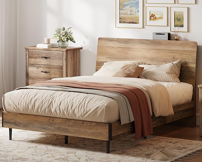 Queen Wood Platform Bed Frame with Ergonomic Headboard