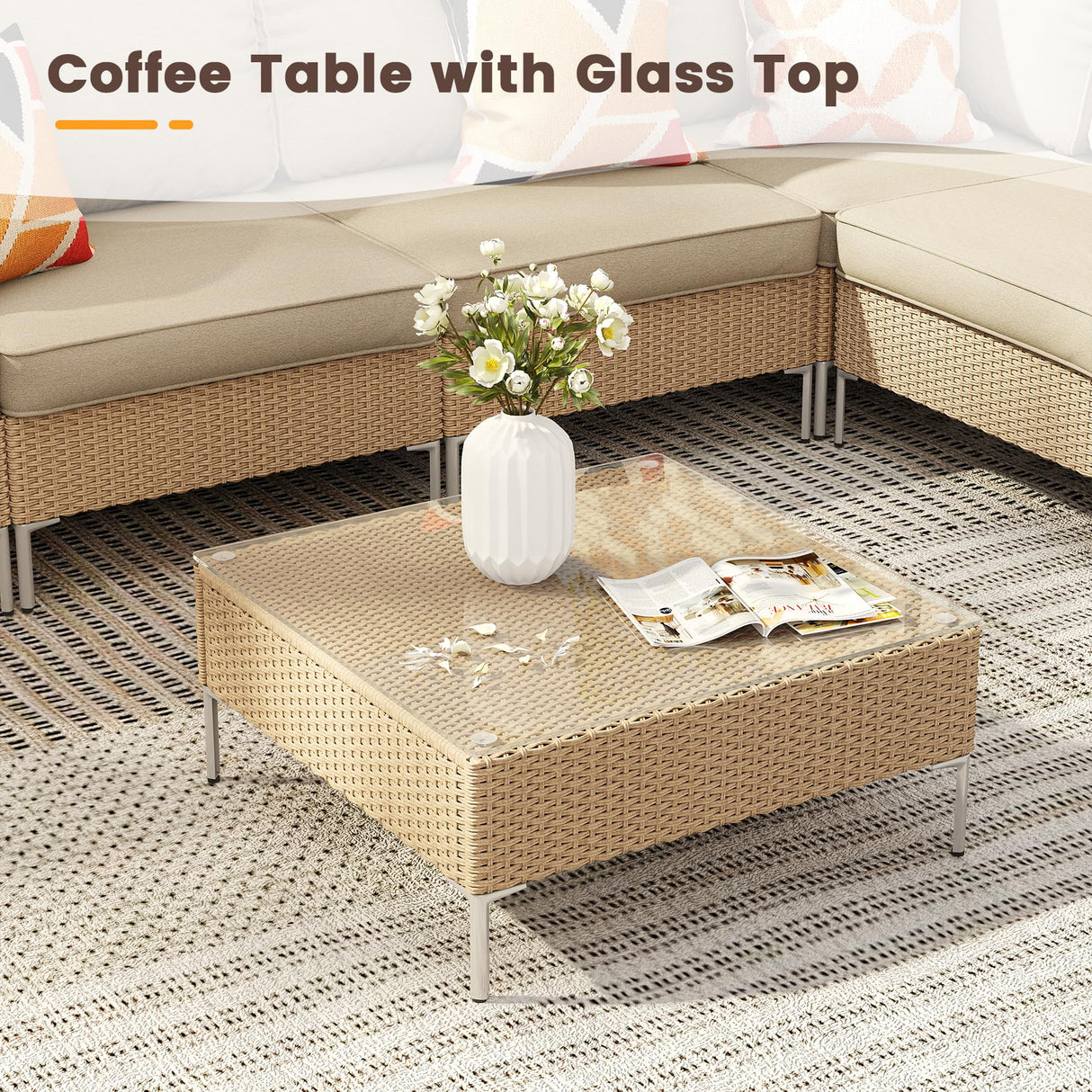 7 Pieces Wicker Patio Furniture Set, Outdoor Conversation Set Sectional Sofas