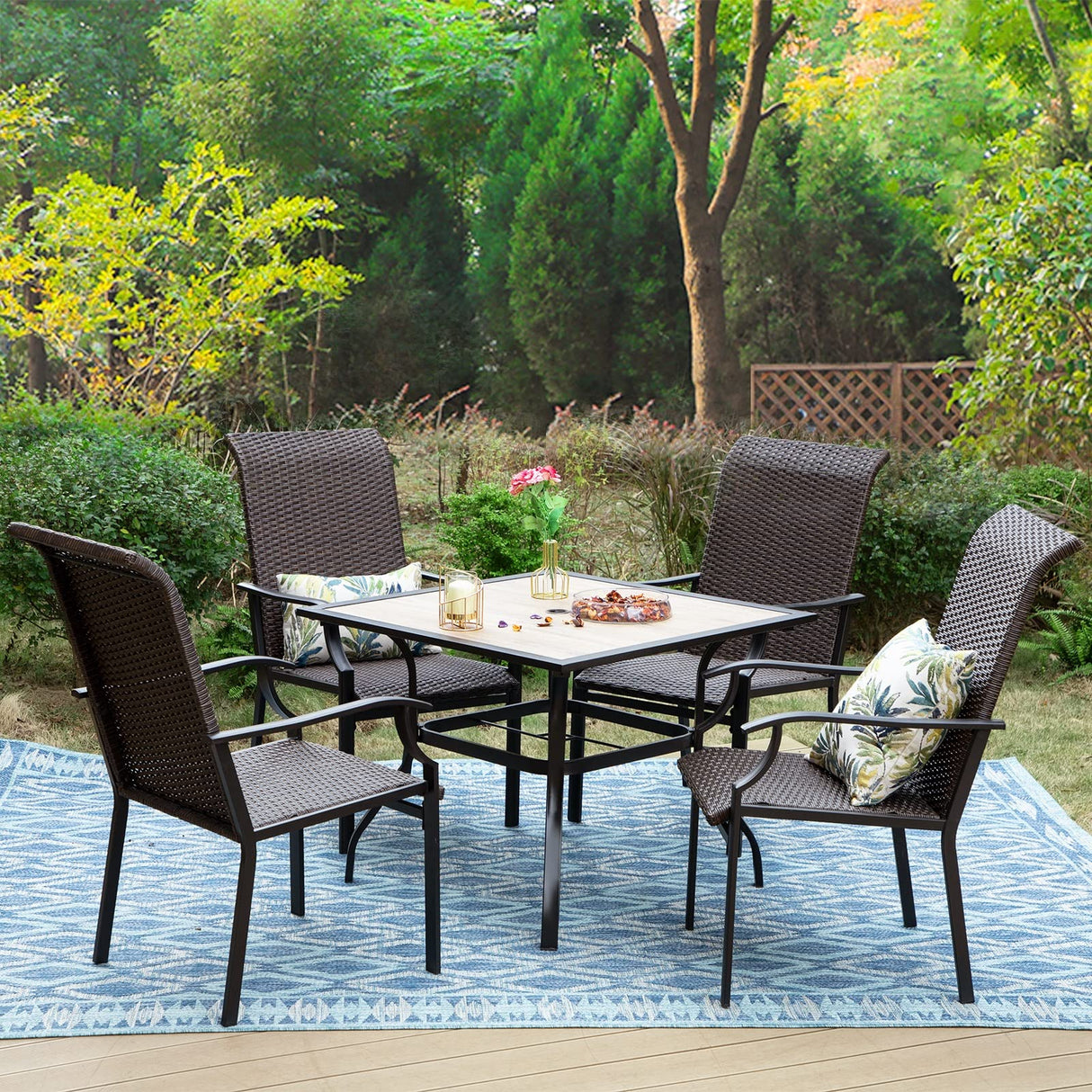 Patio Dining Set 5 Piece Wicker Outdoor Table Furniture Set, 4 High-Back Rattan Backyard Garden Chairs a