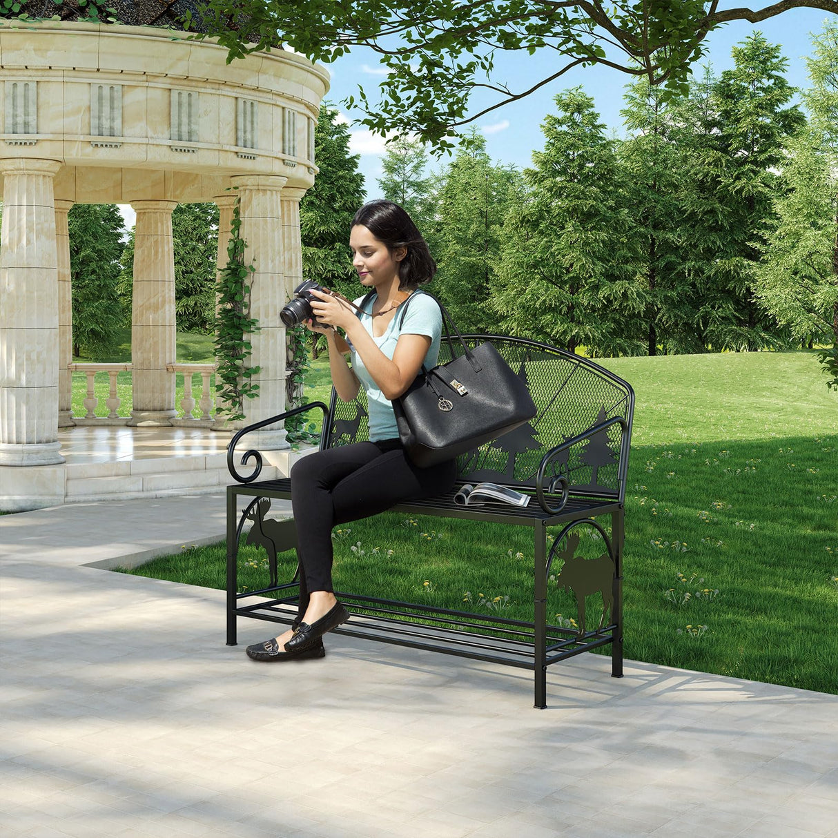 Outdoor Bench, Garden Bench with Backrest and Armrests