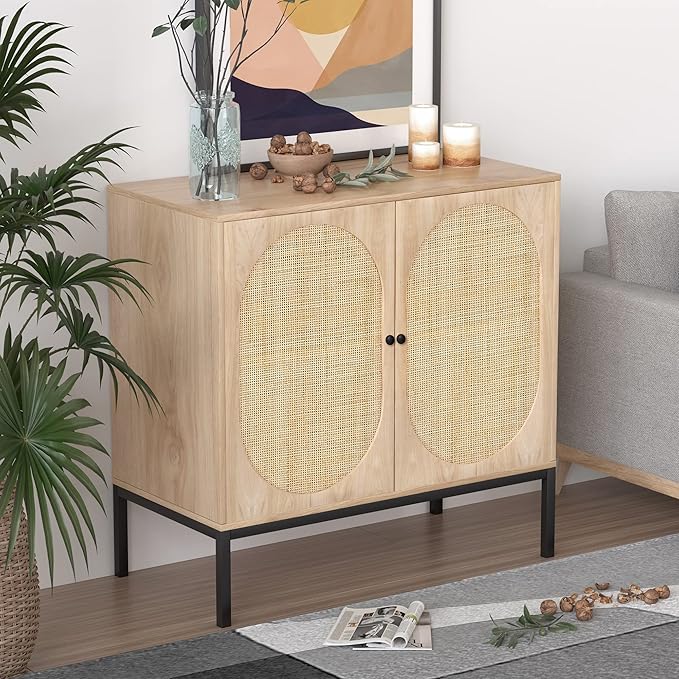 Cabinet with Natural Rattan Hand-Woven Doors, Rattan Cabinet Console Table Buffet Storage Accent Credenza, for Kitchen Living Room Hallway Entryway-2 Pieces,