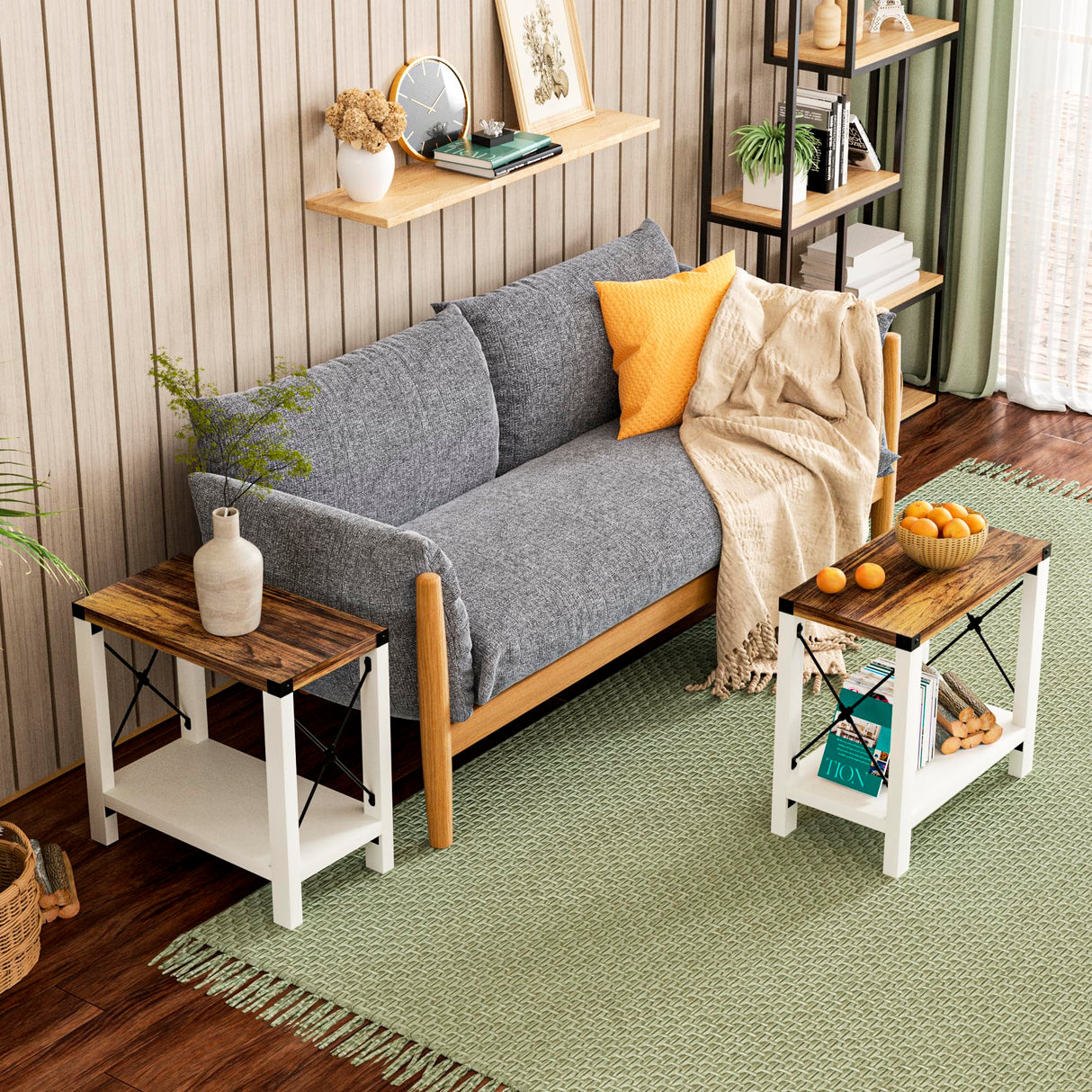 Farmhouse End Table for Small Spaces, Set of 2,Narrow Side End Table with Storage Shelf,