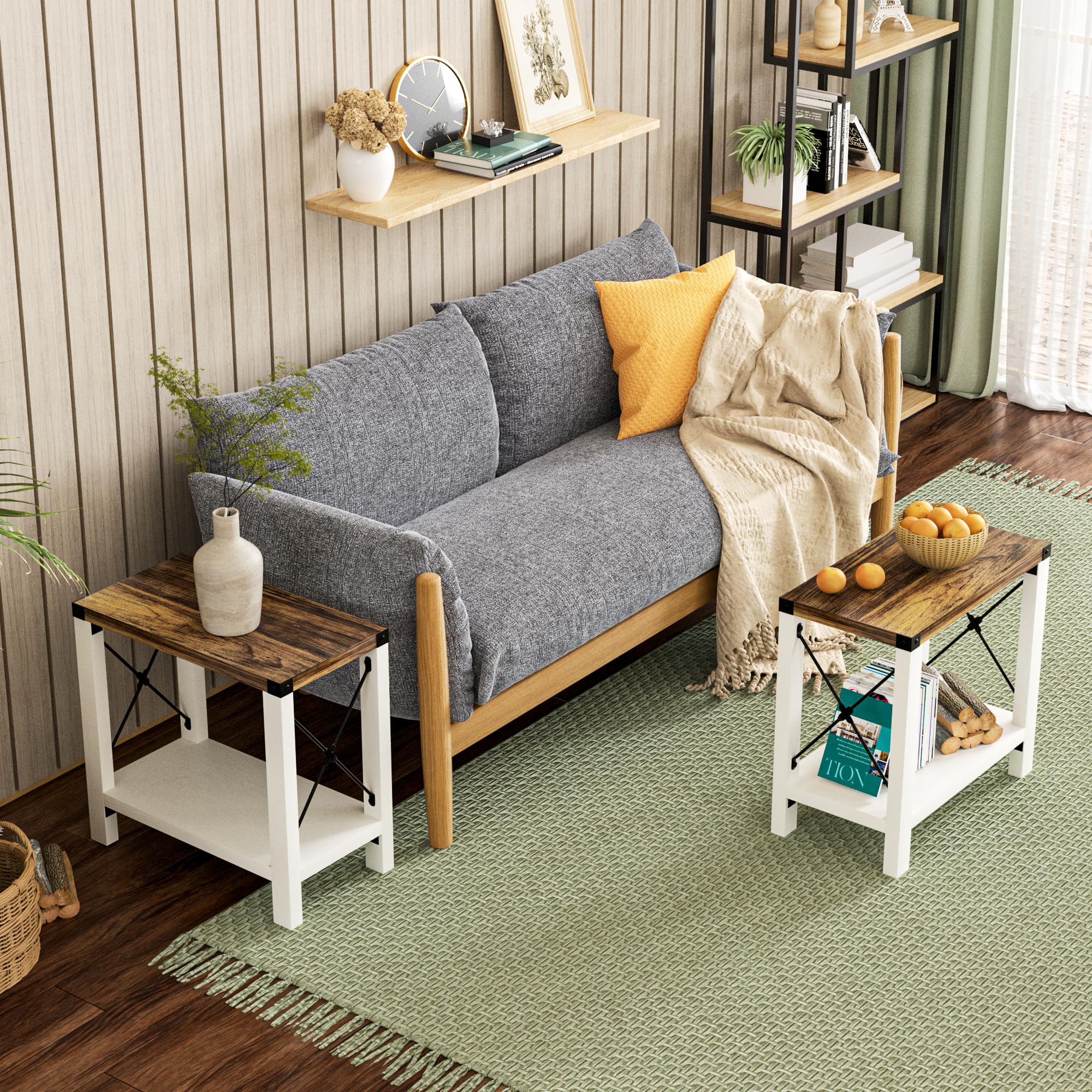 Farmhouse End Table for Small Spaces, Set of 2,Narrow Side End Table with Storage Shelf,