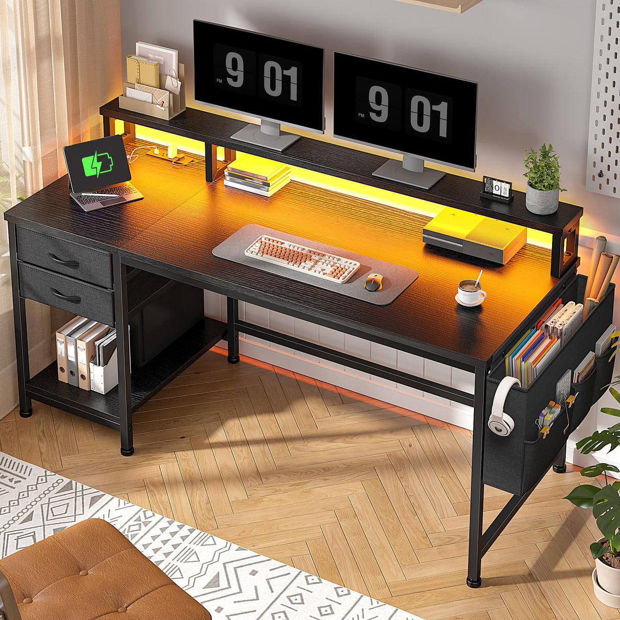 48" Computer Desk with LED Strip, Gaming Desk with Drawers & Storage Bag