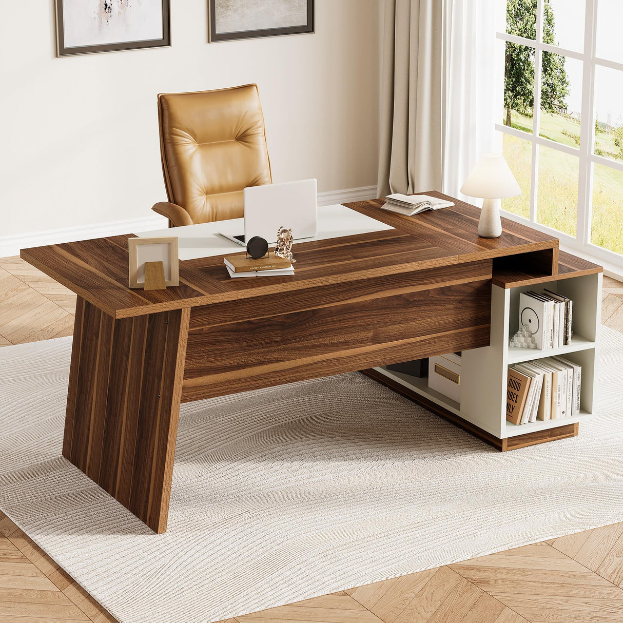 70.5-Inch Executive Desk, Large Home Office Desk with Storage Cabinet and Open Shelves,