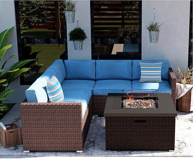 Patio Furniture Sectional Sofa w Fire Pit Table,6 Pieces Outdoor Furniture Set w 32-inch 40