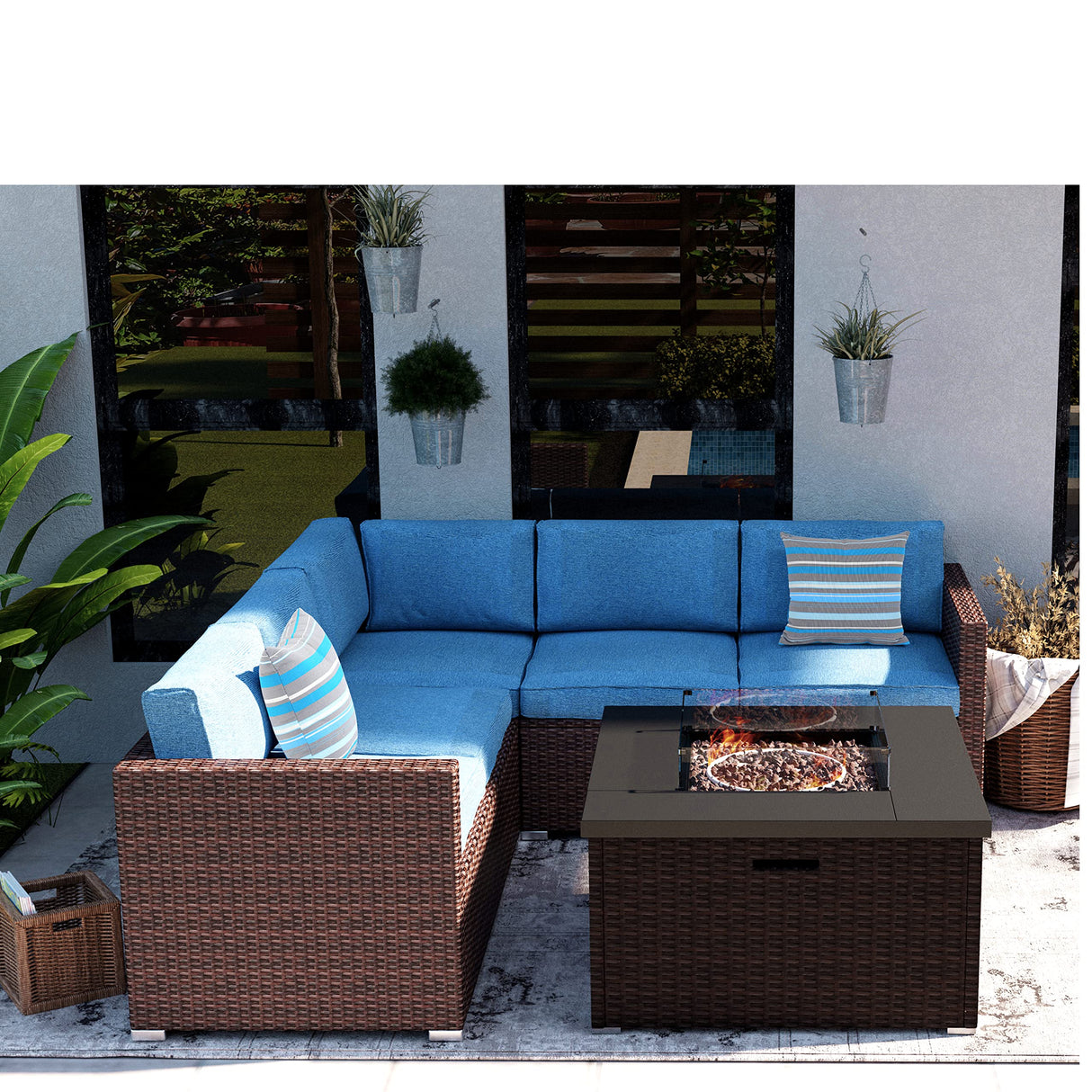 Patio Furniture Sectional Sofa w Fire Pit Table,6 Pieces Outdoor Furniture Set w 32-inch 40