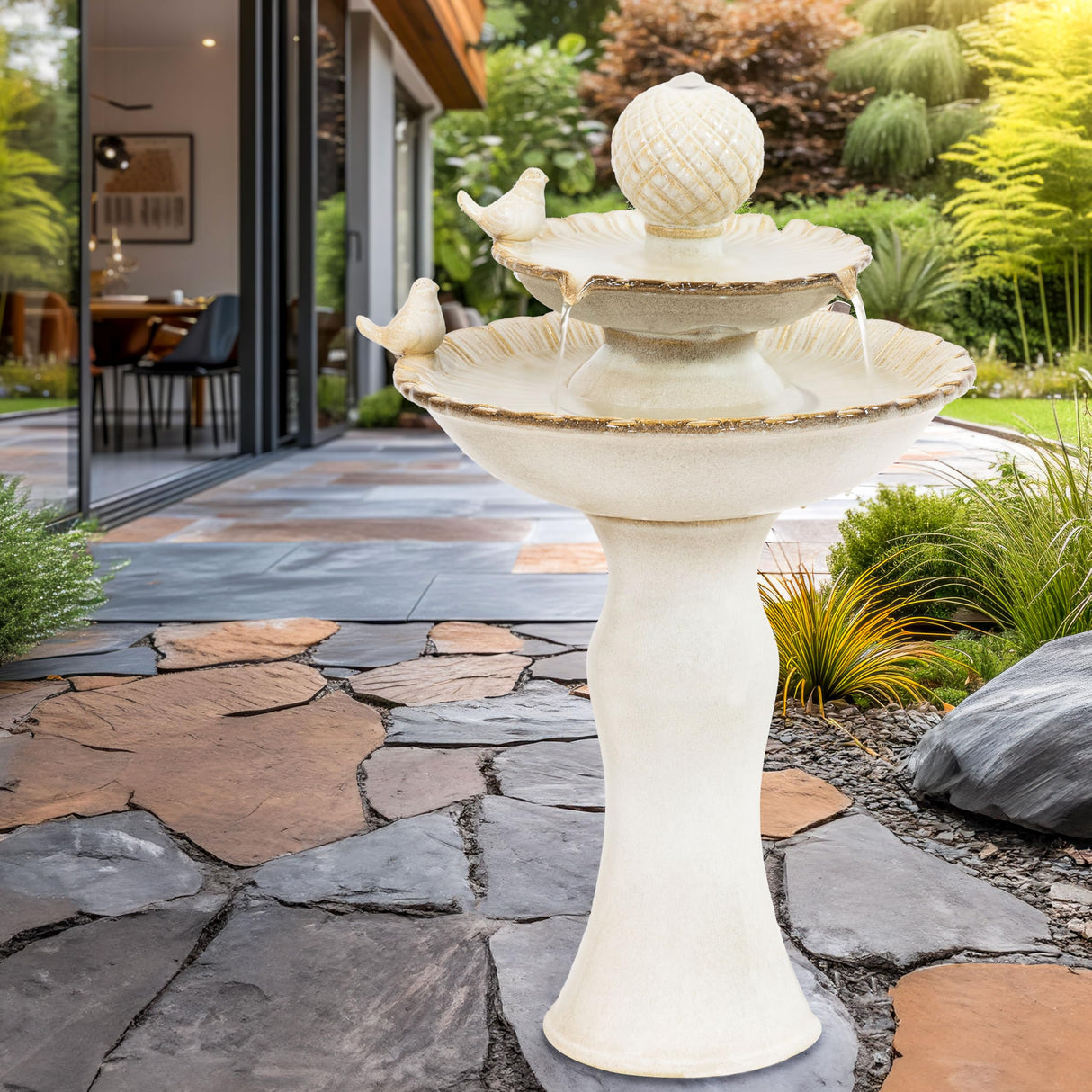 27" H 2-Tier Ceramic Water Fountain - Outdoor Water Feature for Patio, Yard, Balcony - Garden