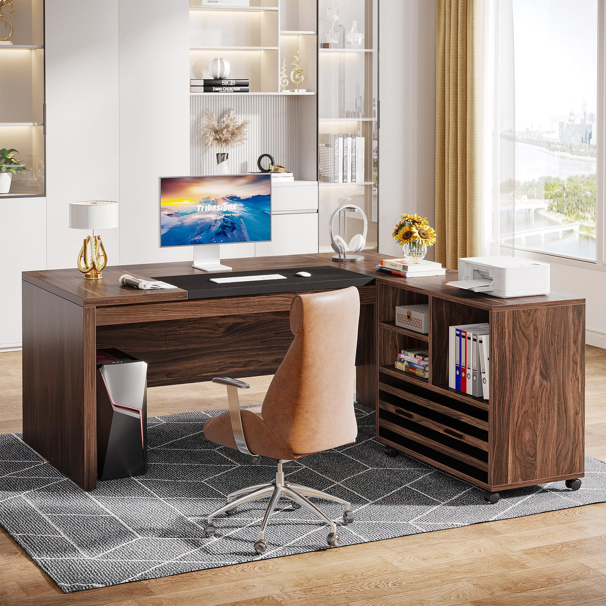 62.2" Executive Desk with Mobile File Cabinet, L-Shaped Office Desk with Storage Shelves