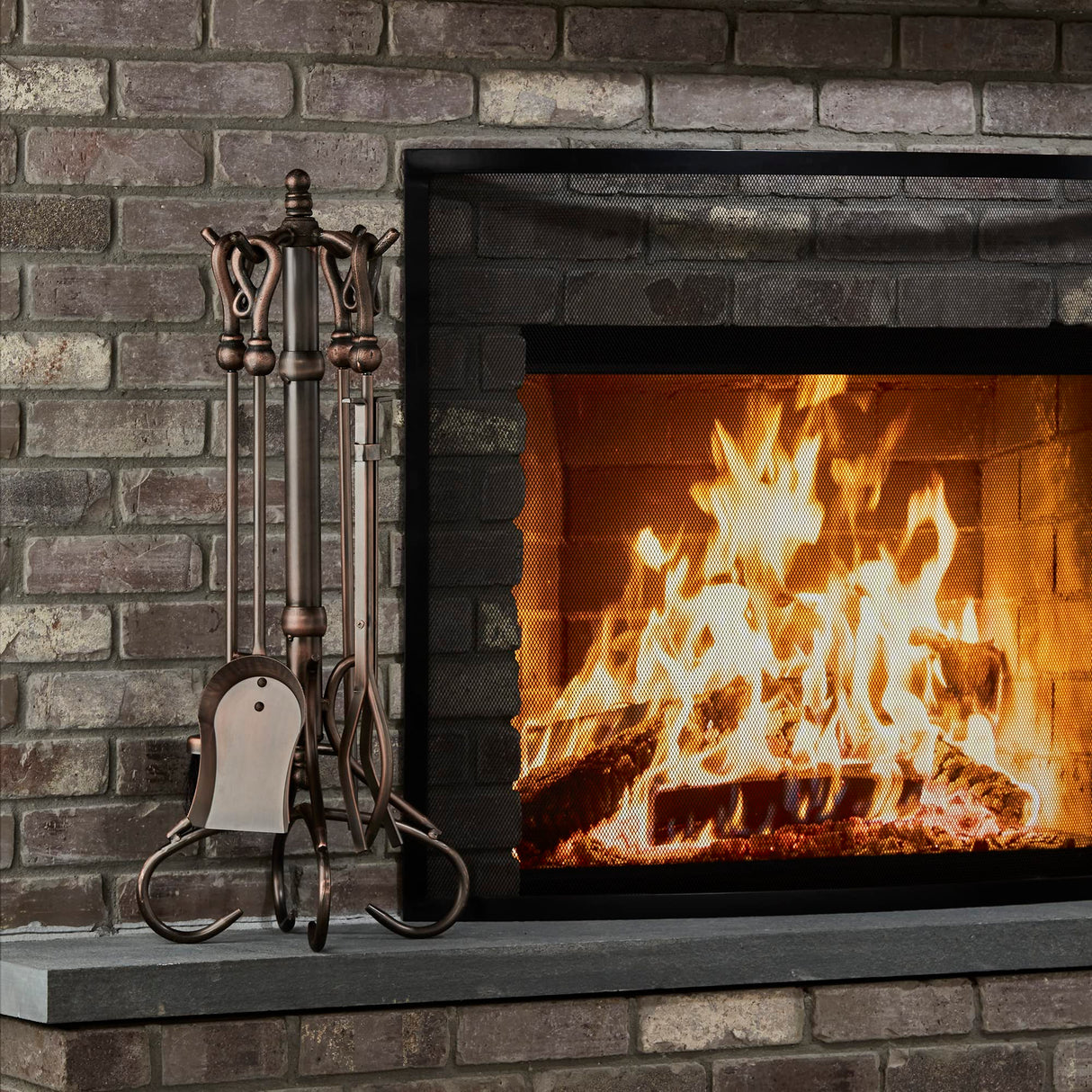 F-1657, 5-PieceVenetian Bronze Fireplace Tools Set with Heavy Crook Handles