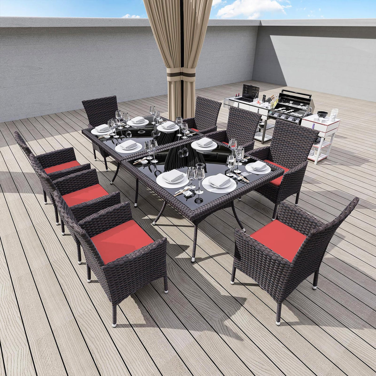 10-Piece Indoor/Outdoor Dining Table Set, Garden Patio Rattan Set with w/Tempered Glass Tabletop