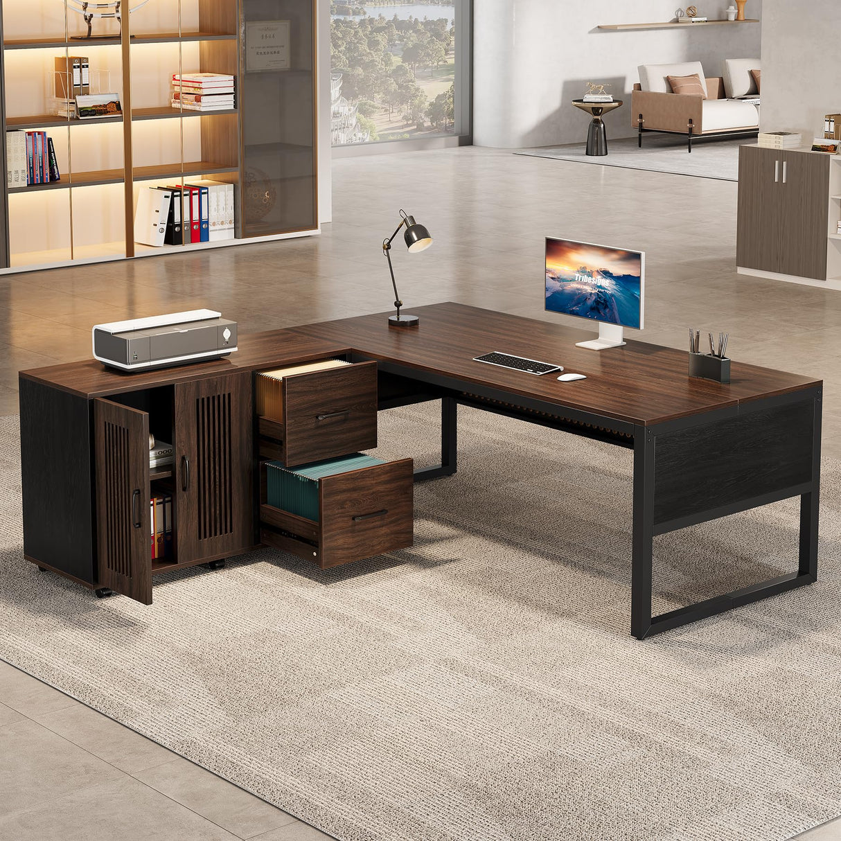 63-Inch Executive Desk, Large Office Desk with Mobile File Cabinet