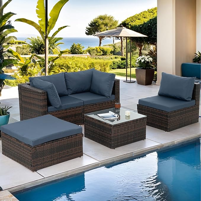 7 Piece Patio Furniture Set, All Weather Outdoor Rattan Wicker