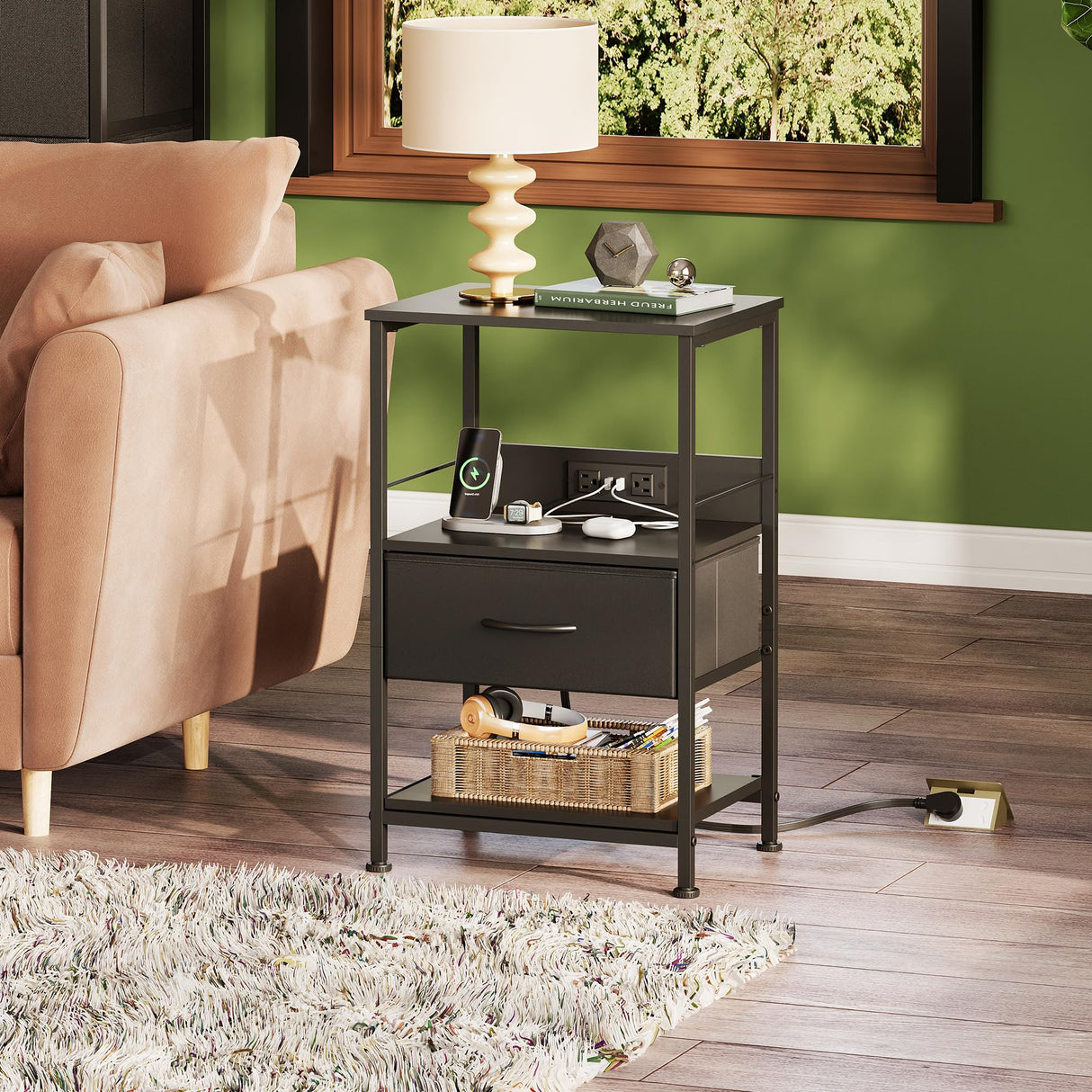 Night Stand with Charging Station, LED Nightstand