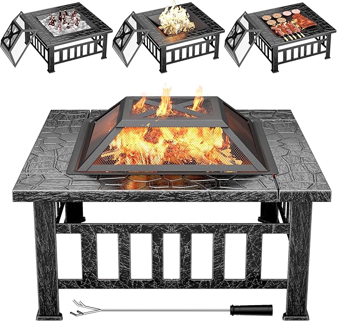 Multifunctional Patio Fire Pit Table, 32in Square Metal BBQ Firepit - Bircata