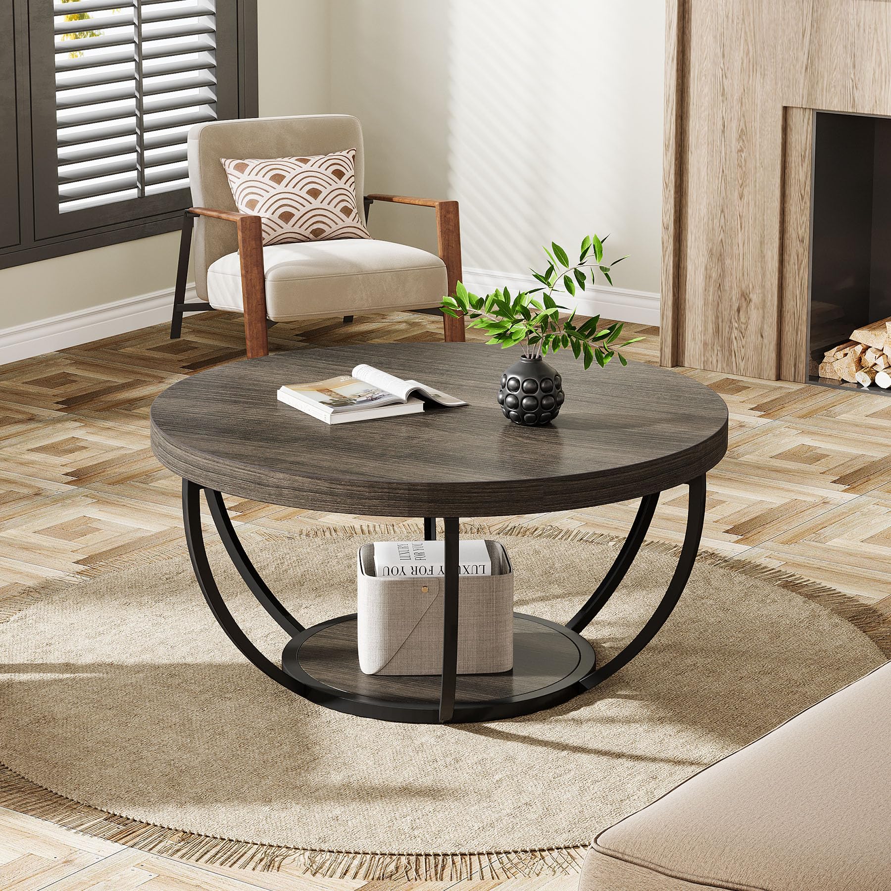 Round Coffee Table, 31.7" Wooden 2-Tier Circle Coffee Table with Storage Shelves
