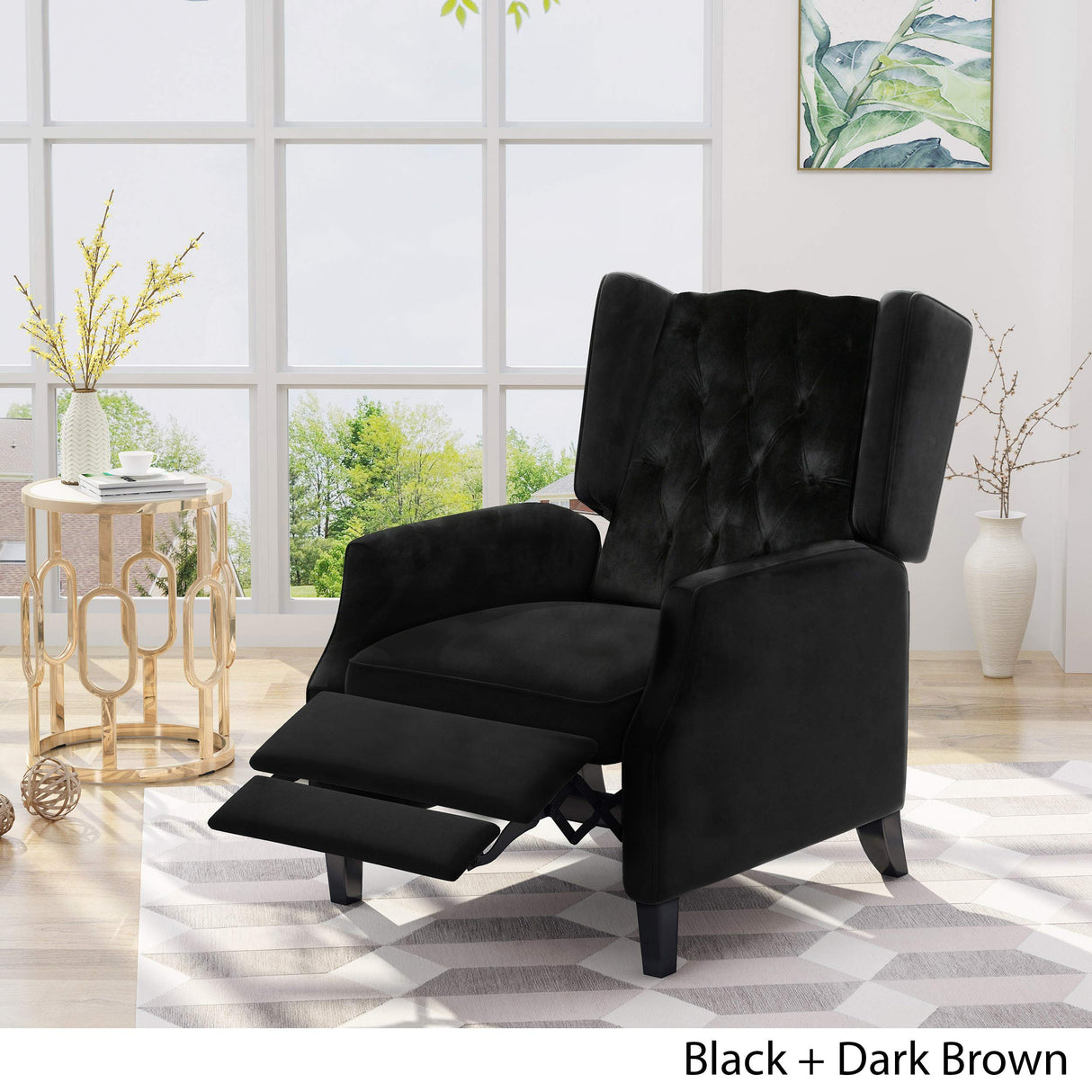 Knight Home Diana Wingback Recliner, Black + Dark Brown