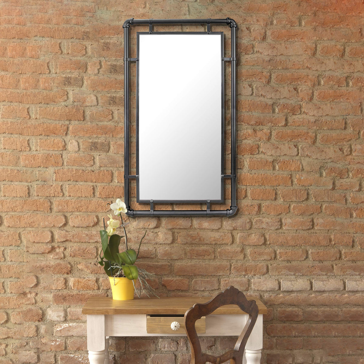 29" Rectangle Industrial Black Metal Pipe Wall Mirror