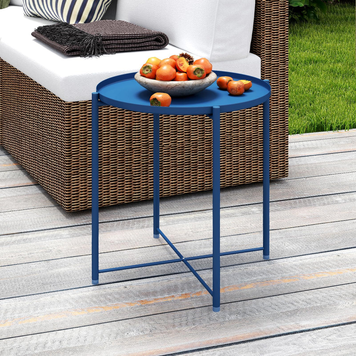 Round Metal Side Table, Outdoor Small Folding Accent Stand with Removable Tray