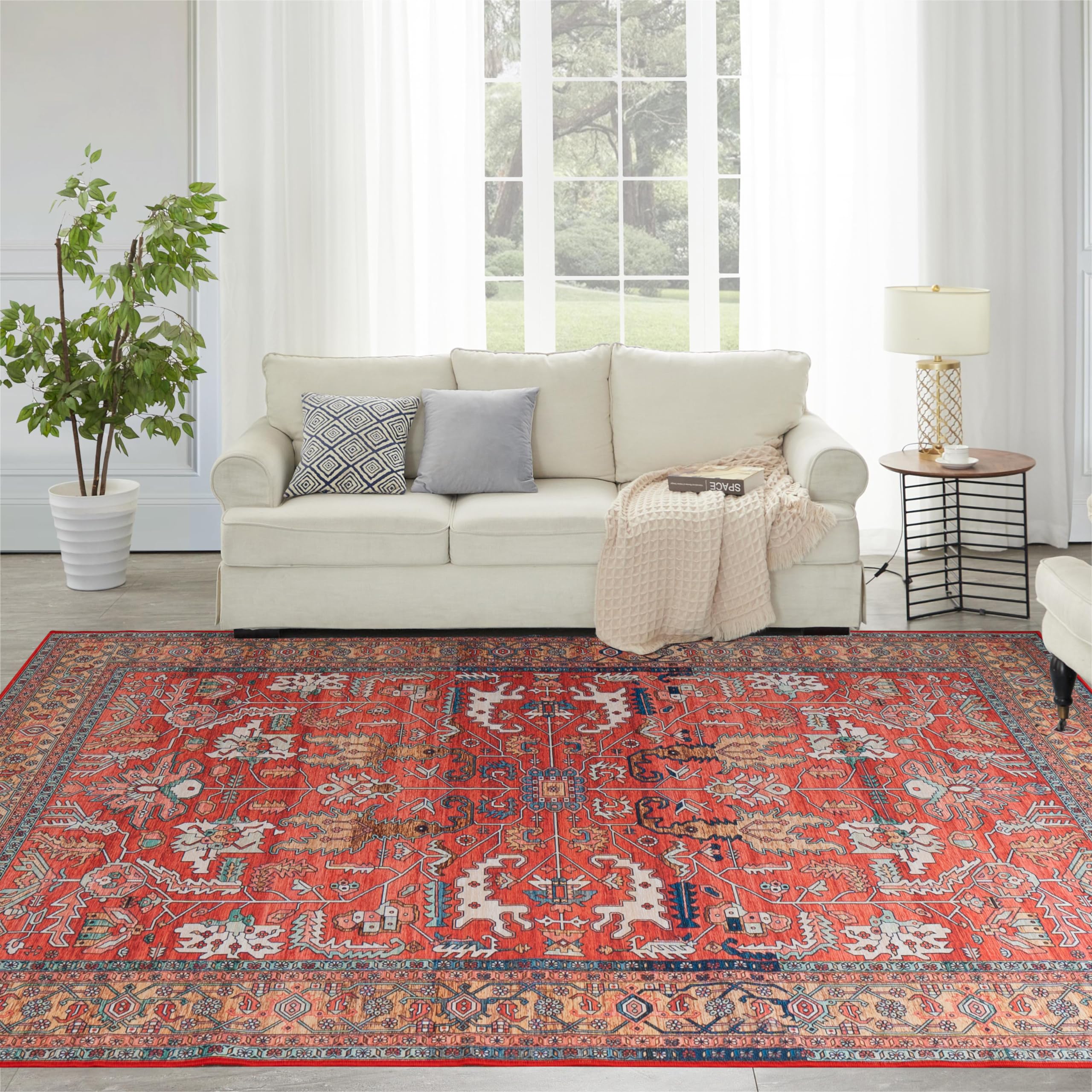 Washable Rug Vintage Area Rugs, 8'x 10' Living Room Rug with Non Slip