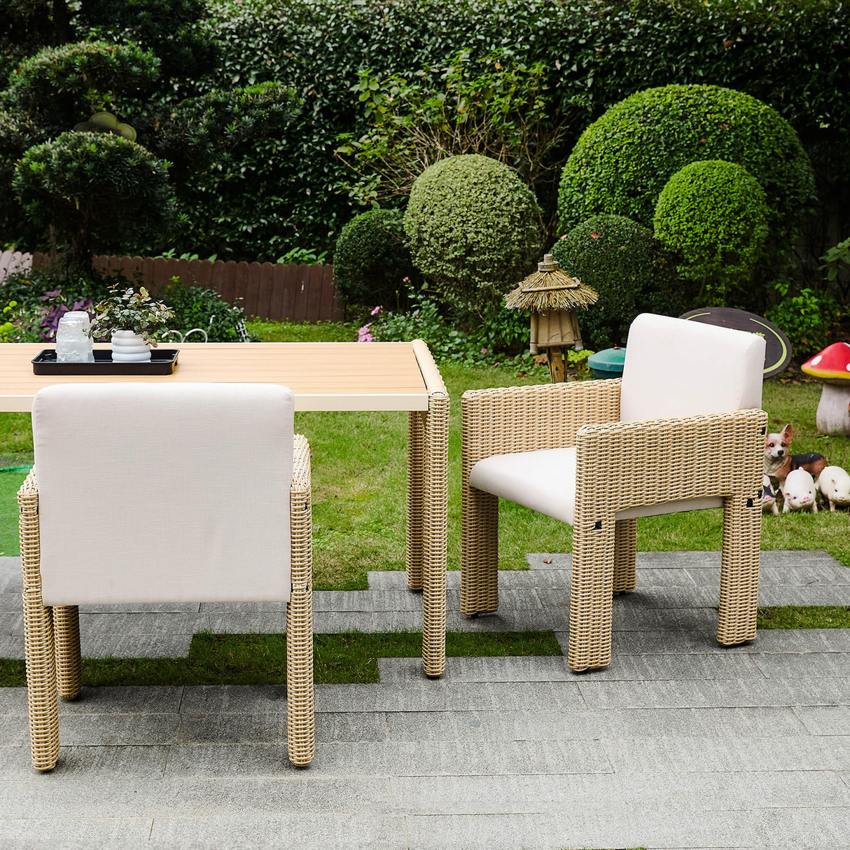 Wicker Outdoor Dining Set for 6, Upholstered 7 Piece Patio Dining Set with Armrests