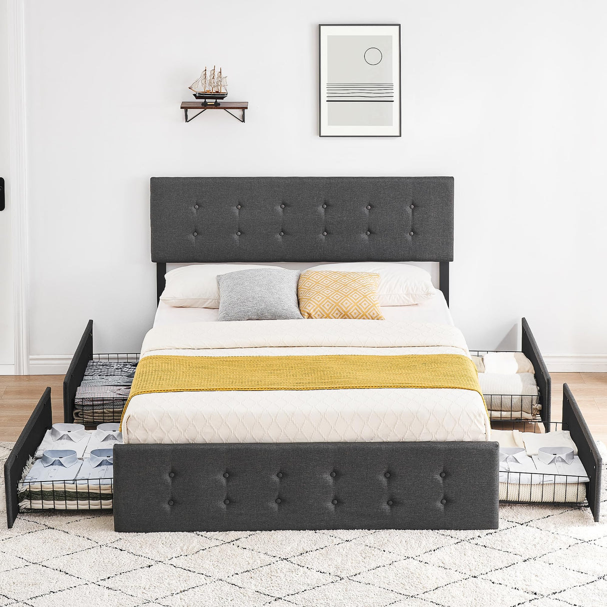 Queen Bed Frame with 4 Storage Drawers, Grey Tufted Design