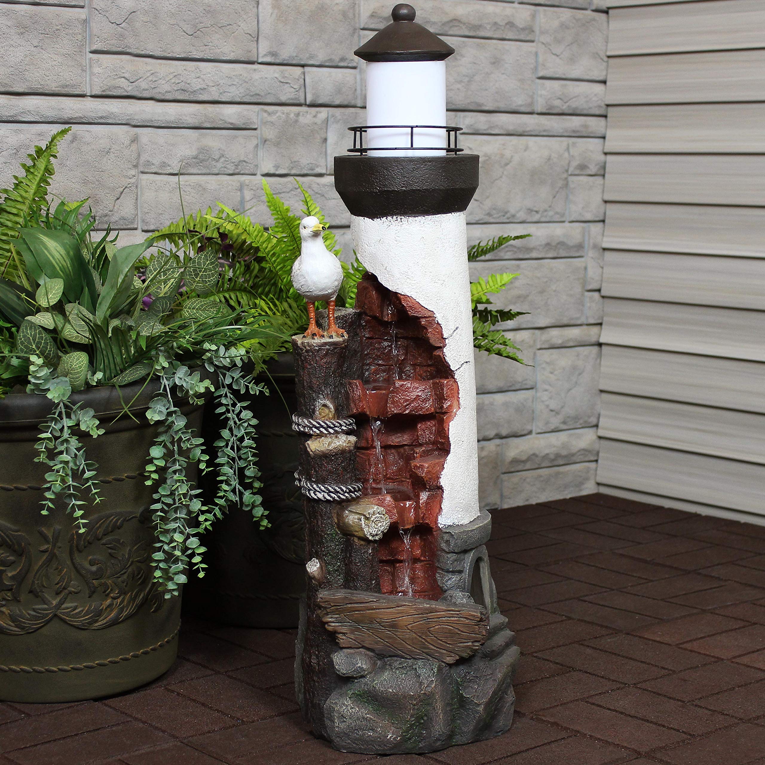 Sunnydaze 36-Inch Gull's Cove Outdoor Lighthouse Water Fountain with LED Light - Polyresin Decorative Water Feature