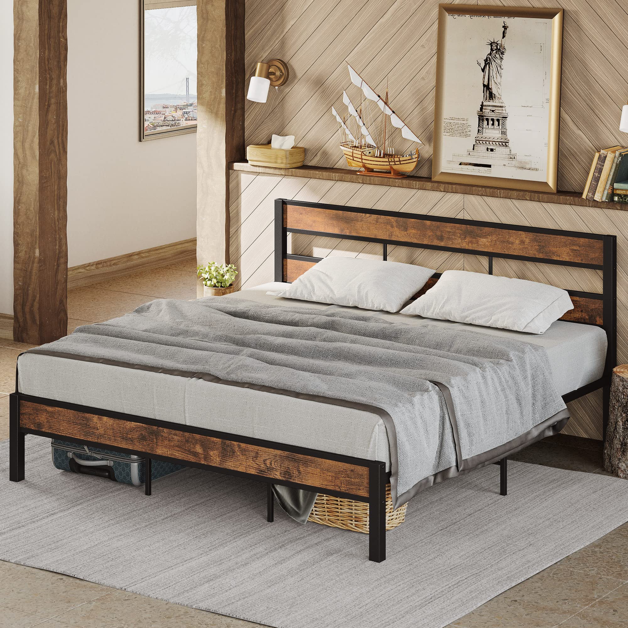 King Bed Frame and Headboard, Easy Assembly, Noise-Free, No Box Spring Needed