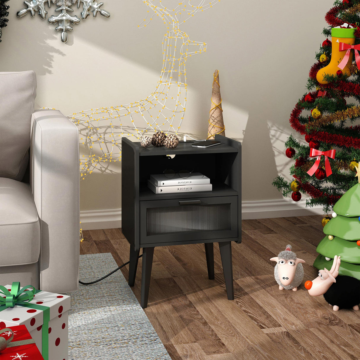 Nightstand with Charging Station, Bedside Tables, End Table Side Table