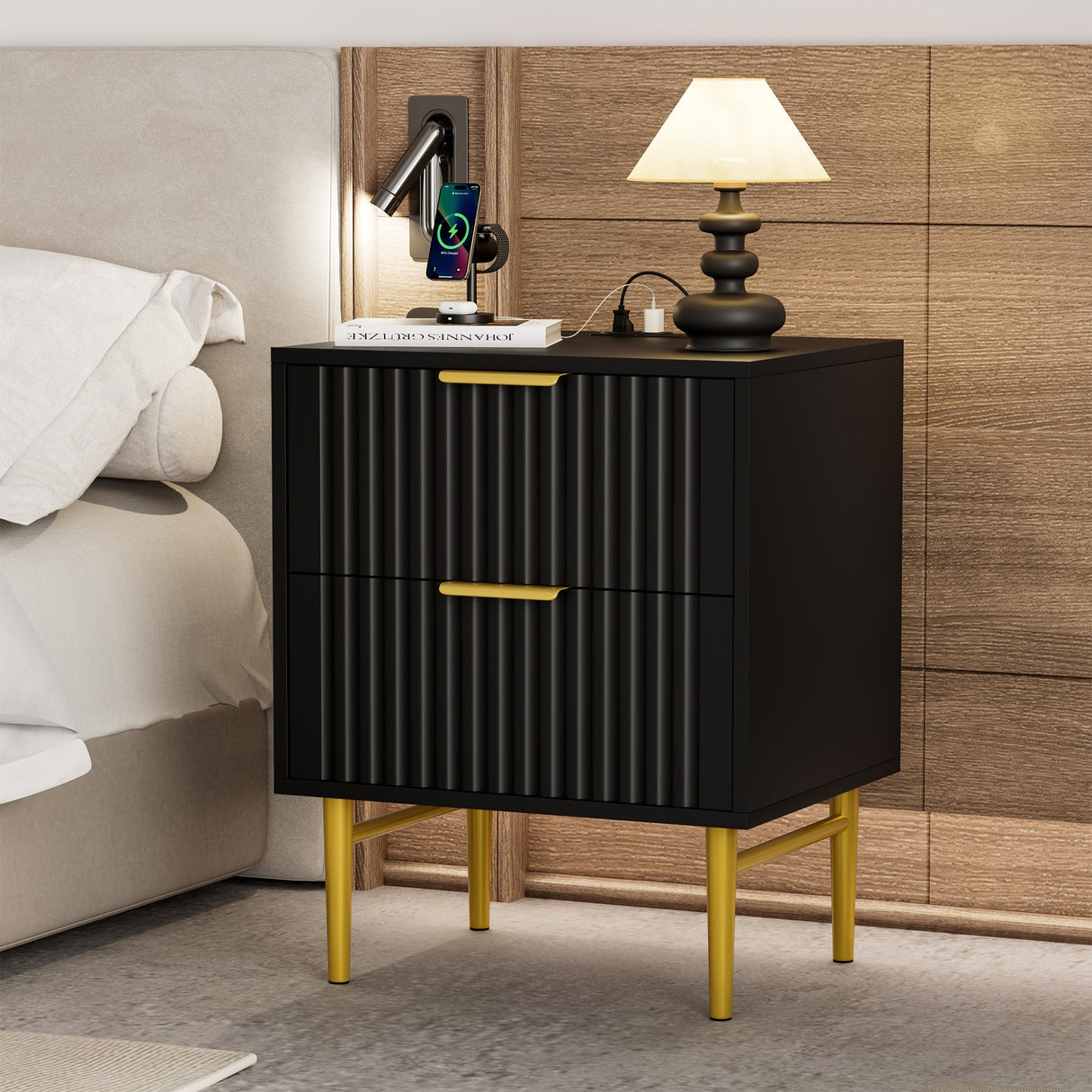 Black Nightstand Set of 2 with Charging Station, Fluted Nightstand with Drawers