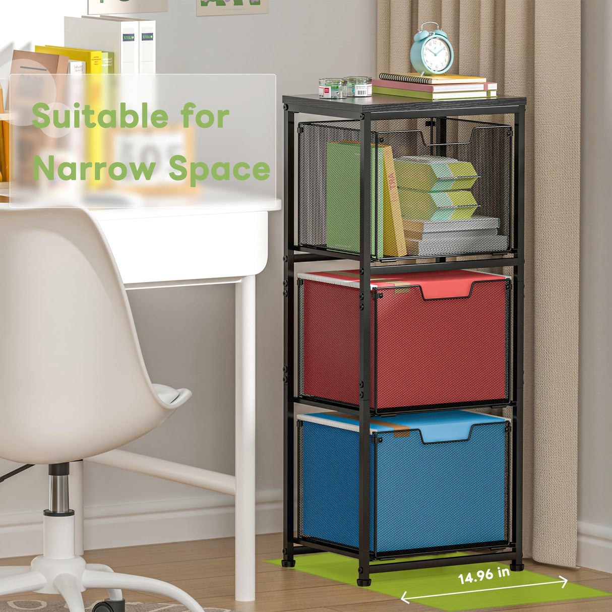 3 Drawer File Cabinet Organizer, Hanging File Storage Rack with Metal Frame & Wood