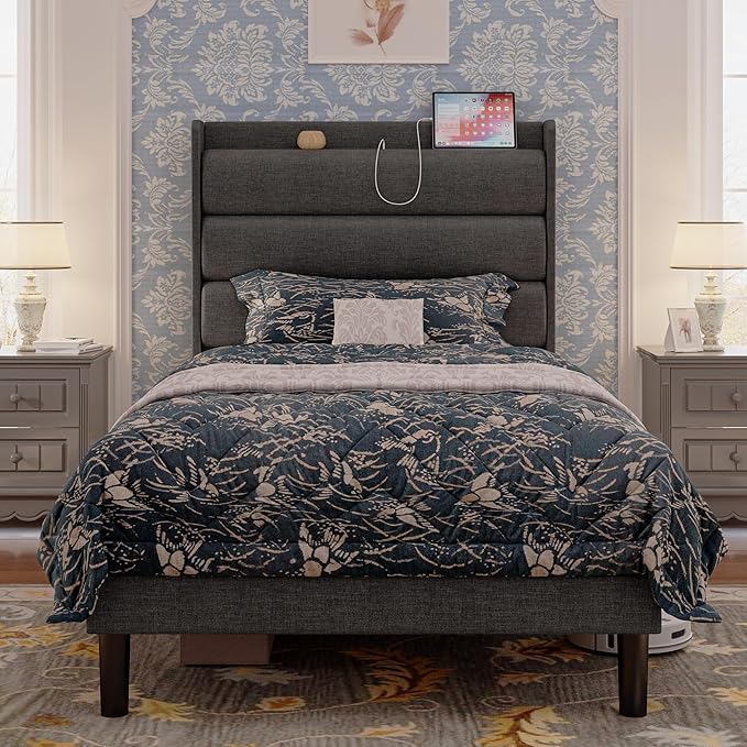 Queen Size Bed Frame, Storage Headboard with Outlets, Sturdy and Stable