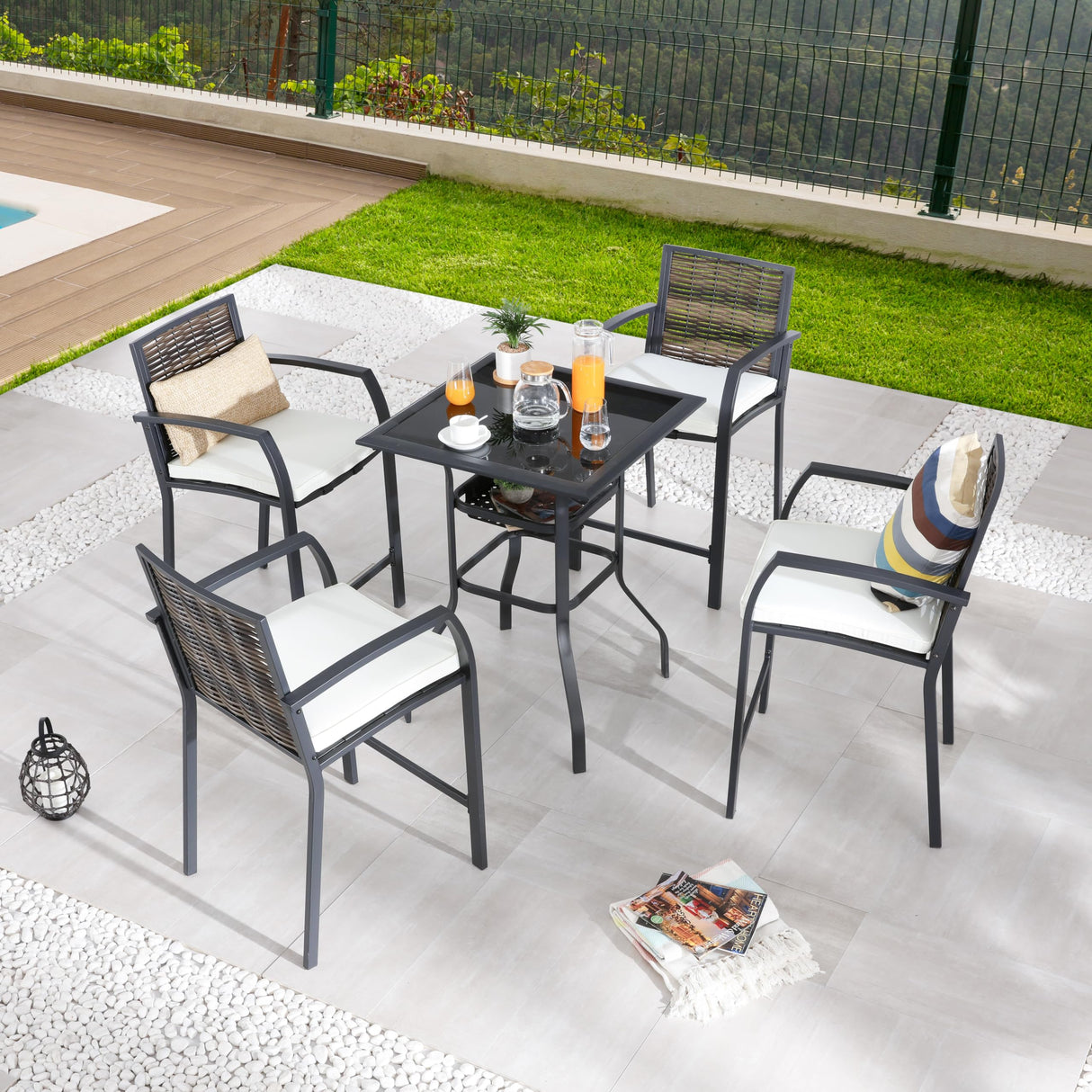5 PCS Patio Bar Set with 4 Swivel Height Chairs & 1 Square Classic Black Table for Garden