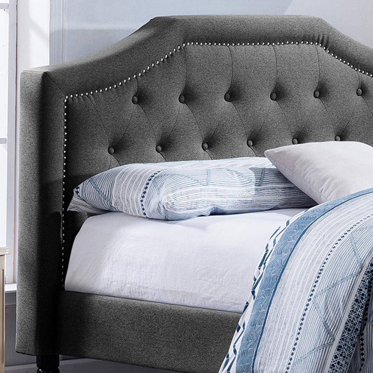 Contemporary Low Profile Fully Upholstered Fabric Platform Bed Frame, Queen,