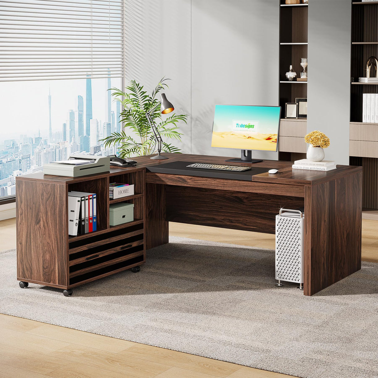 62.2" Executive Desk with Mobile File Cabinet, L-Shaped Office Desk with Storage Shelves