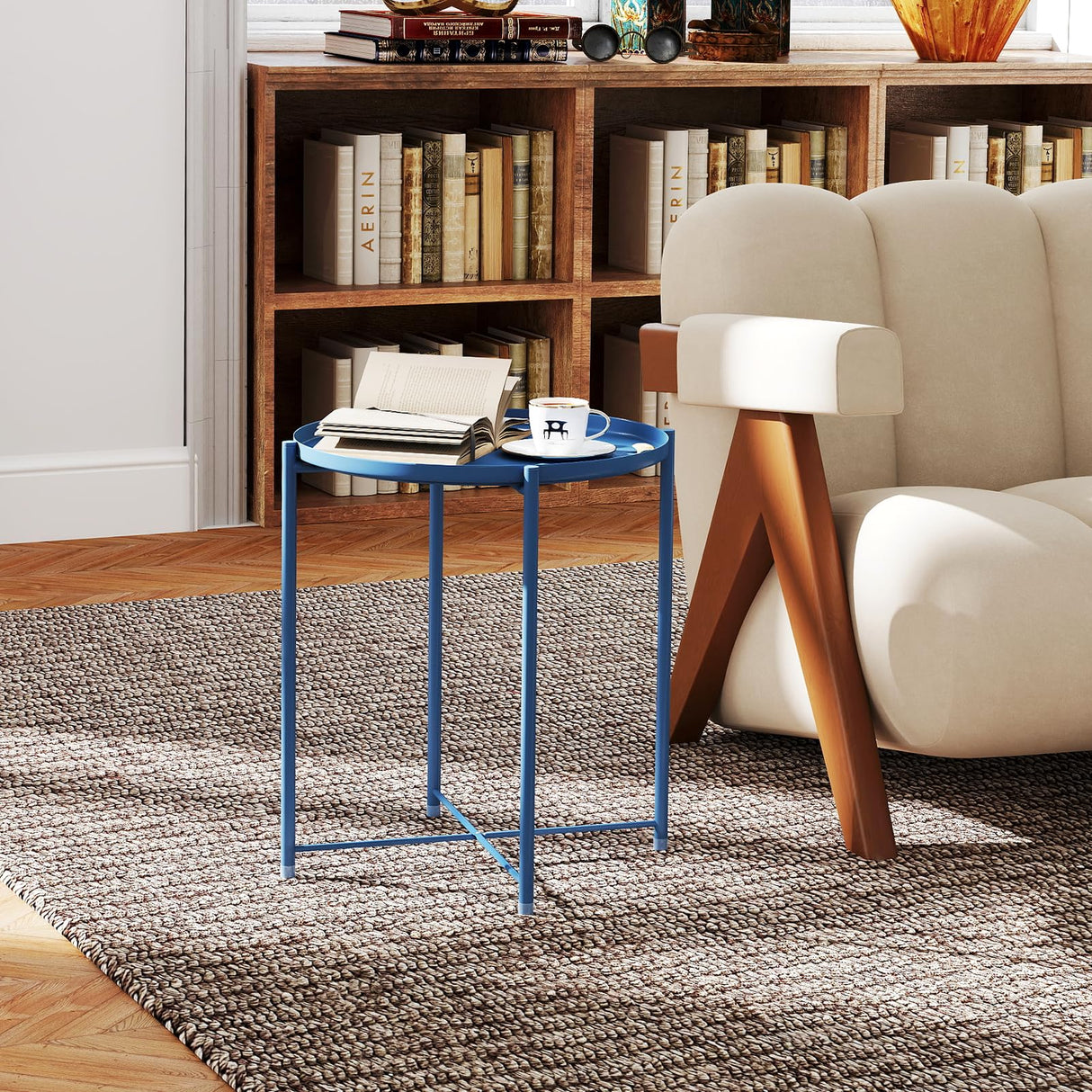 Round Metal Side Table, Outdoor Small Folding Accent Stand with Removable Tray