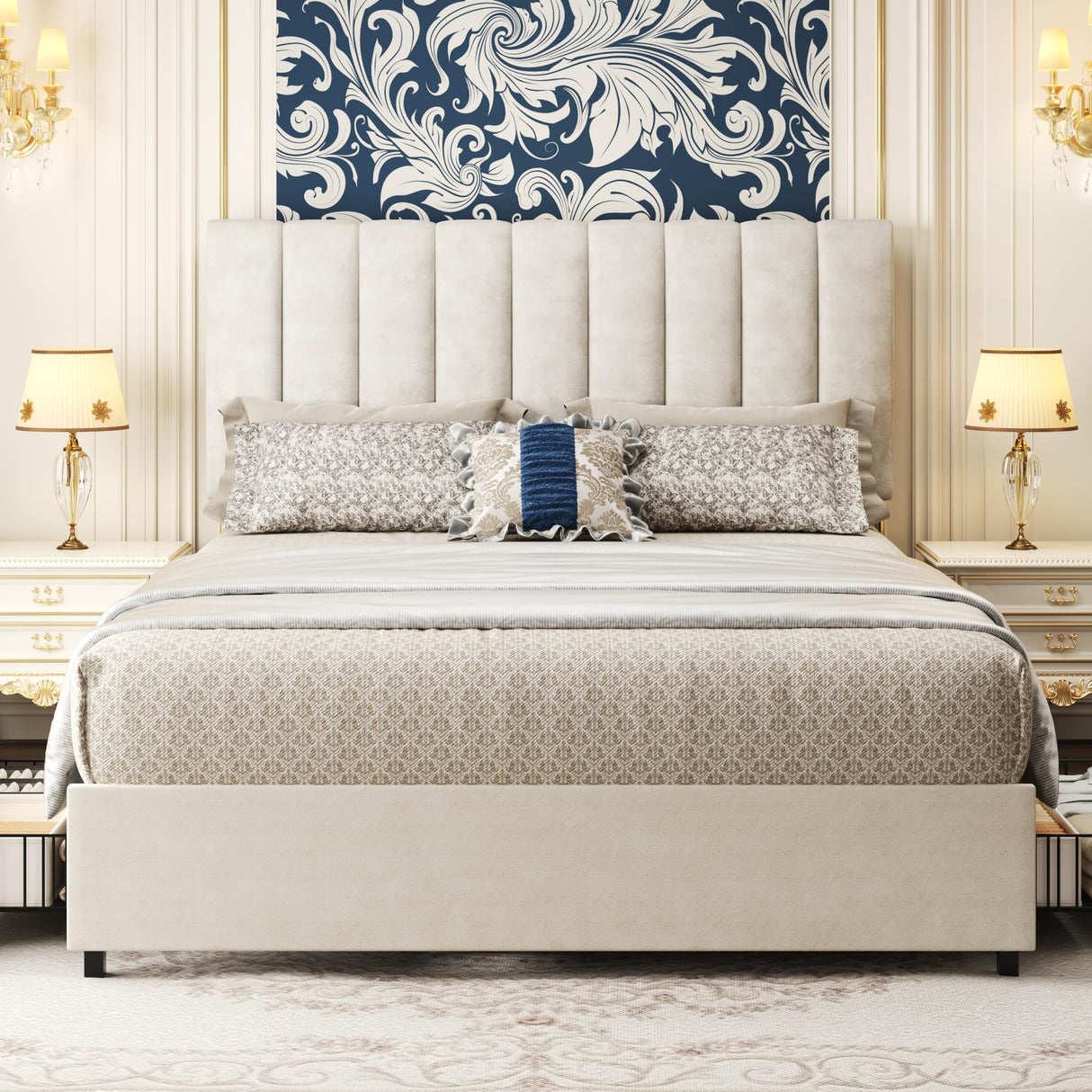 Queen Bed, Queen Bed Frame with Headboard & 4 Storage Drawers