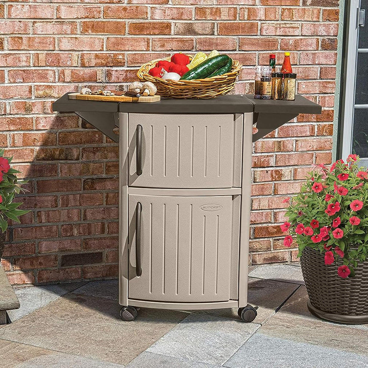 Outdoor Patio Grill Prep Station Cart with 2 Storage Cabinets, Light Taupe/Mocha
