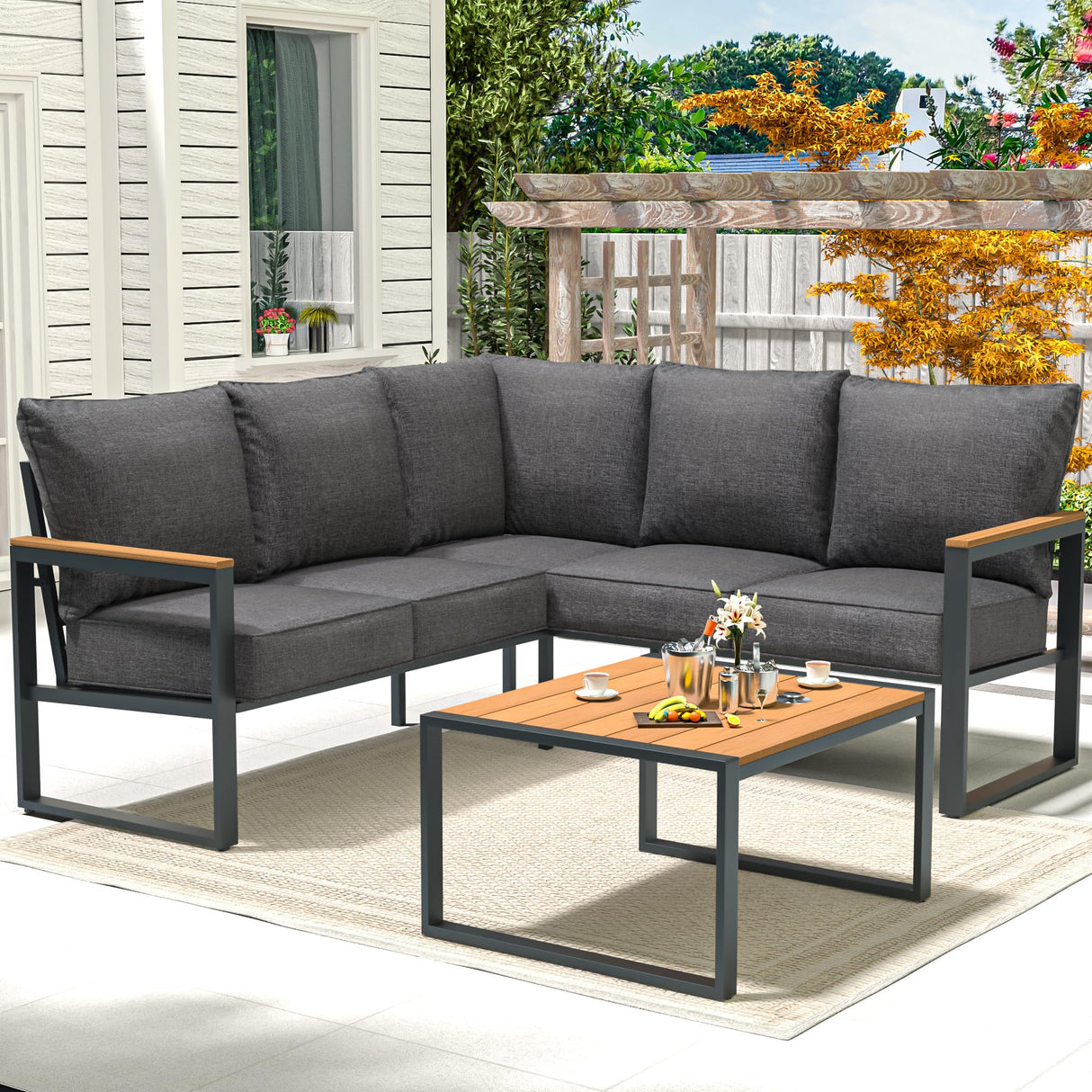 Metal Patio Furniture Set, 6 Pieces Outdoor Sectional Sofa Set with Side Table