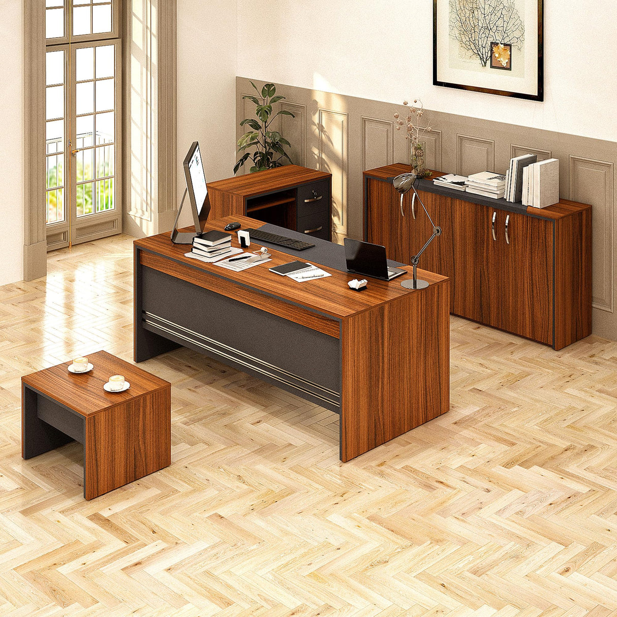 71" Wood Home Office Furniture Set of 4pcs | Executive Desk w/Leather Pad