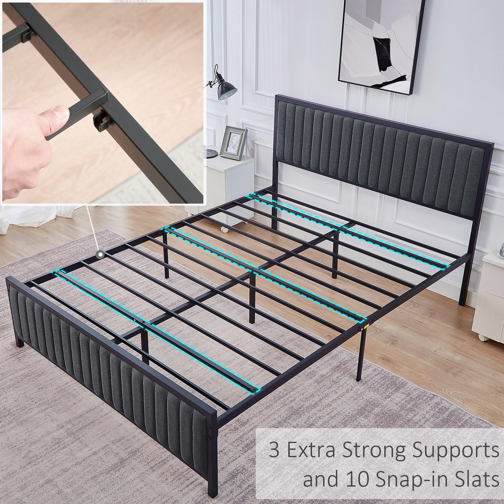 Full Size Bed Frame with Upholstered Tufted Headboard & Footboard,