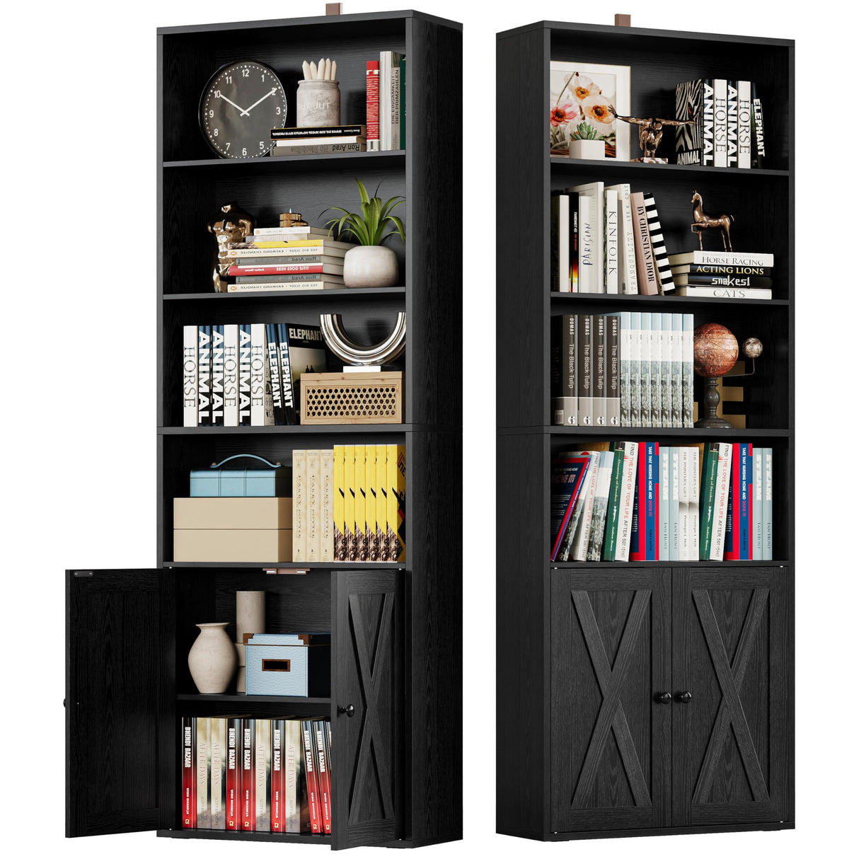 Industrial Bookshelves and Bookcases with Doors Set of 2 Floor Standing 6 Shelf