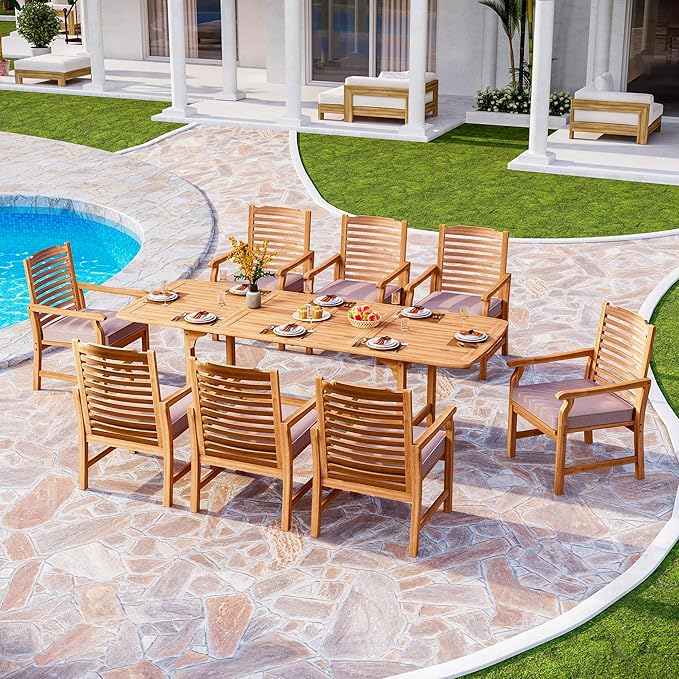 7 PCS Acacia Wood Outdoor Dining Set for 6, Expandable Teak Wooden Table & Chairs