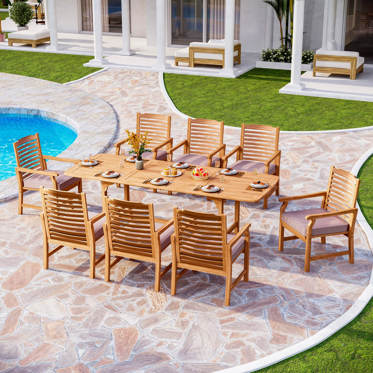 9 Pieces Acacia Wood Patio Dining Set for 8, Expandable Teak Dining Table