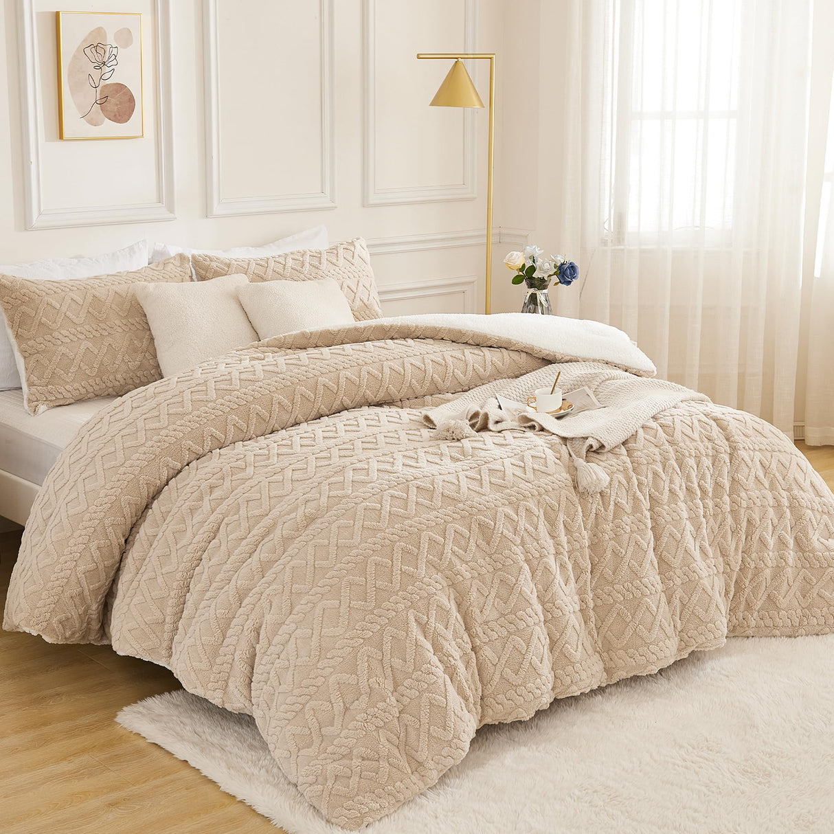 Beige Fleece Comforter Set King, 3 Pieces Fuzzy Fluffy Faux Fur Bed Comforter