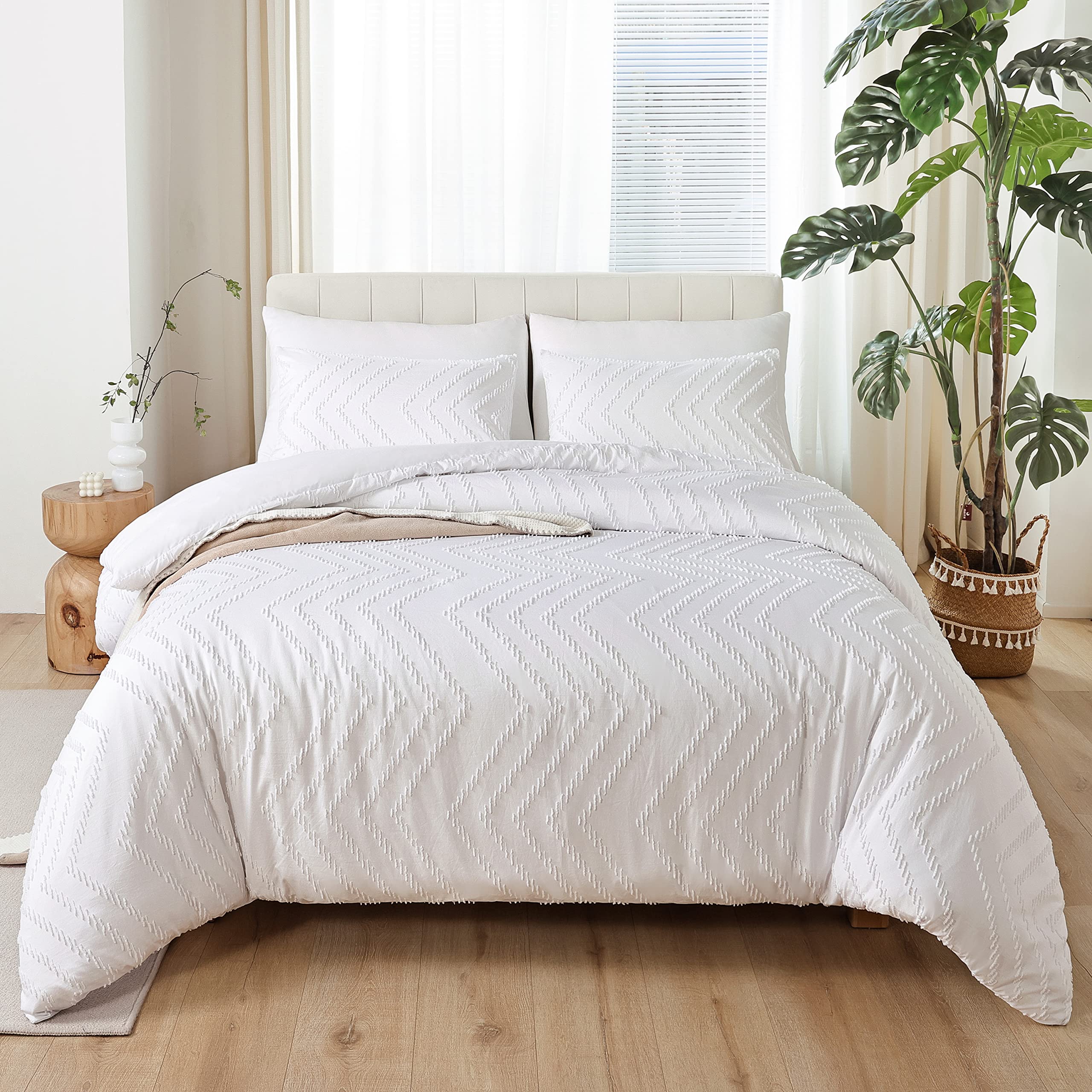 White Comforter King Size 3Pcs, Boho Comforter Set King White Farmhouse Bedding