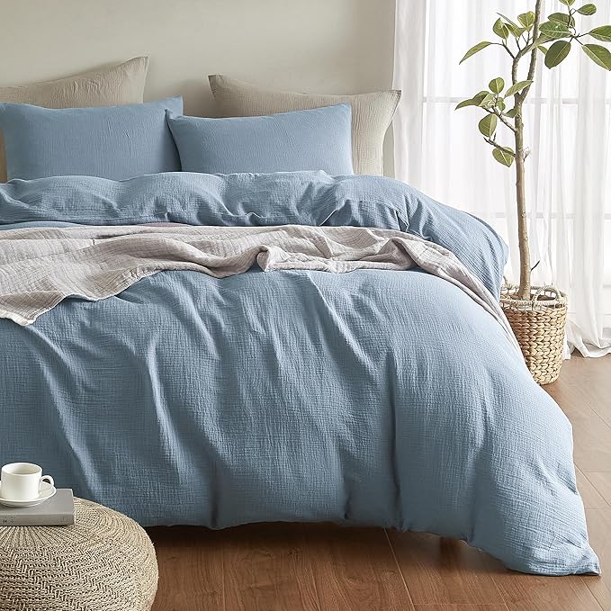 Muslin Duvet Cover Queen Size, 100% Washed Cotton Duvet Cover Set